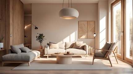  Modern interior Japanese style design Livingroom. Lighting and sunny Scandinavian apartment with plaster and wood. 3d render illustration. 