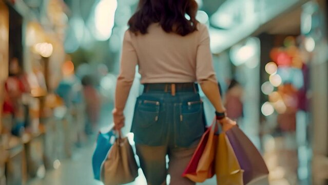 Back view Woman holding colorful shopping bags in shopping center , Blur motion.