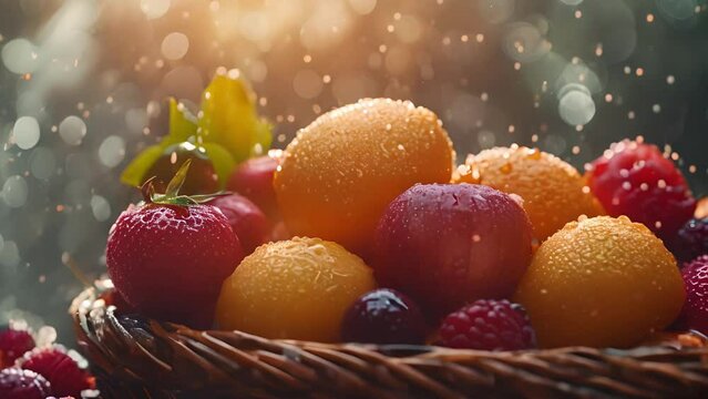 Juicy fresh fruits and vegetables in the basket, rays of the sun, dew drops, close-up
