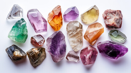A variety of colorful gemstones with rough cuts laid out against a white background.