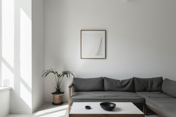 Minimalist modern Scandinavian living room with comfortable sofa, coffee table, potted plants and framed abstract posters on the wall