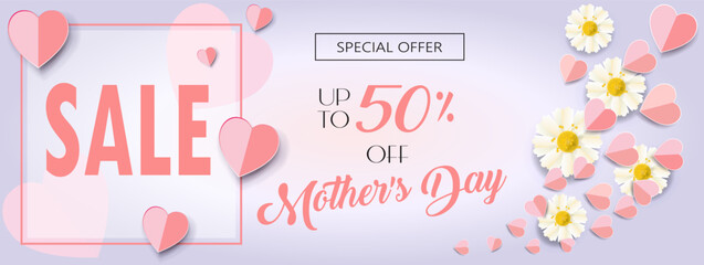 Sale banner Mother's Day gift card for best mom. Beautiful rose chamomile flowers and flying hearts isolated on pink marble background voucher sign online shopping. Modern minimalist vector template