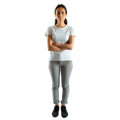 Female person standing front view isolated on transparent png.
