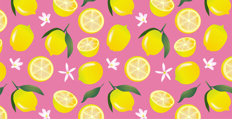 Lemons with flowers and leaves seamless pattern on pink background. Citrus fruit and floral design for textile, wallpaper, and print. Freshness and summer concept.