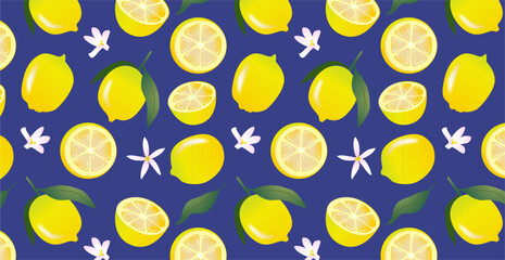 Lemons with flowers and leaves seamless pattern on dark blue background. Citrus fruit and floral design for textile, wallpaper, and print. Freshness and summer concept.