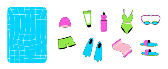 Swimming pool and summer swimwear and accessories set isolated on white background. Summer vacation and swimming elements. 