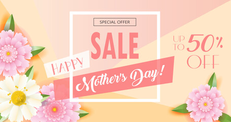 Sale banner Mother's Day gift card for best mom. Beautiful rose chamomile flowers and flying hearts isolated on pink marble background voucher sign online shopping. Modern minimalist vector template
