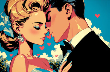 A comic book panel of a man and woman kissing, with a pop art background