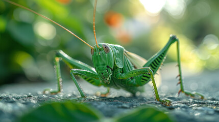 Fototapeta premium Grasshopper sitting on dew cover leaf. Close-up. Detailed. Nature. Insect. 