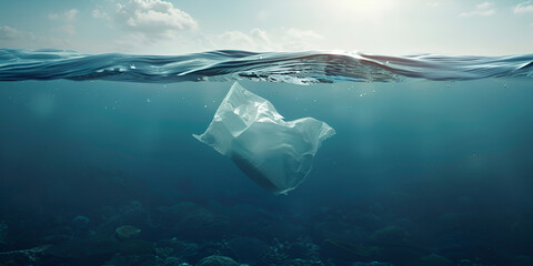 close up a plastic bag floating in the surface of blue ocean concept of representing pollution
