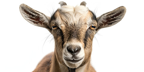 close up or potrait of a goat isolated face head on white background