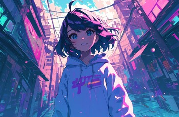 A cute anime girl wearing a purple hoodie stands in the middle of an empty street with neon lights and buildings on both sides. 