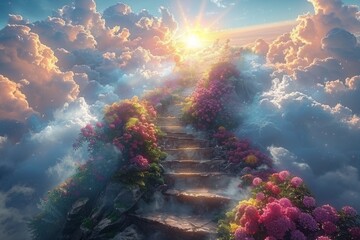 Stone steps Stairway to heaven in heavenly concept. Religion background. Stairway to paradise in a spiritual concept. Stairway to light in spiritual fantasy. Path to the sky and clouds. God light.
