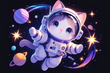 Fototapeta premium A cute cat astronaut in space, surrounded by planets and stars, in the vector illustration style, colorful cartoon design with a black background