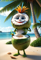tropical coconut character in tropical beach