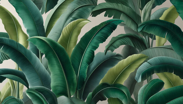緑豊かで鮮やかなトロピカルをテーマにした、バナナの葉柄の壁紙 | Generative AI