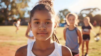 an aboriginal girl wearing athletic wear. she is facing the camera and standing on school ground with her friends playing footy in the background