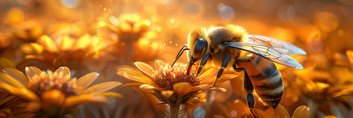  Illustration. Bee on a flower. World Bee Day,
Busy honey bee working on a single flower in nature