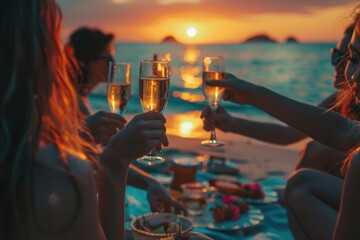 Diverse women toast at beach bachelorette party picnic.