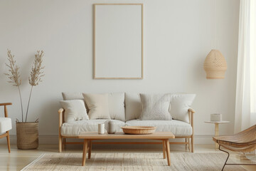 Minimalist Scandinavian living room with white sofa, coffee table, flower vase and empty framed posters on the wall, with a neutral color palette