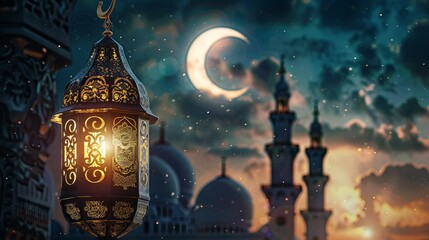 Obraz na płótnie Canvas Eid mubarak and ramadan kareem greetings with islamic lantern