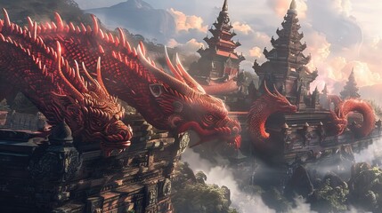 illustration of Borobudur temple surrounded by red dragons AI Generated