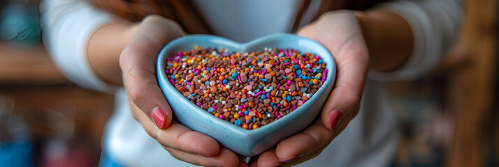 Selective focus photo of sprinkles in heart cera,

A large heart of bright multicolored round candies dragees on a blue background Sugar candies A fun holiday
