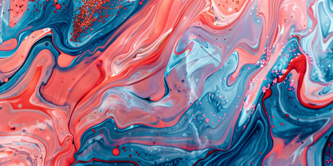 A fusion of vibrant coral marble ink and azure hues on an abstract canvas, illuminated by shimmering glitters.