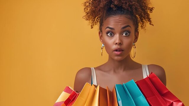 Stylish chic African American woman with colorful shopping bags in surprise sale concept isolated on yellow banner background.