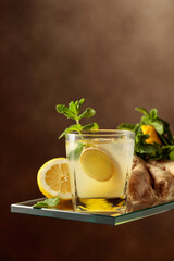 Refreshing summer cocktail with natural ice, ginger, lemon, and mint.