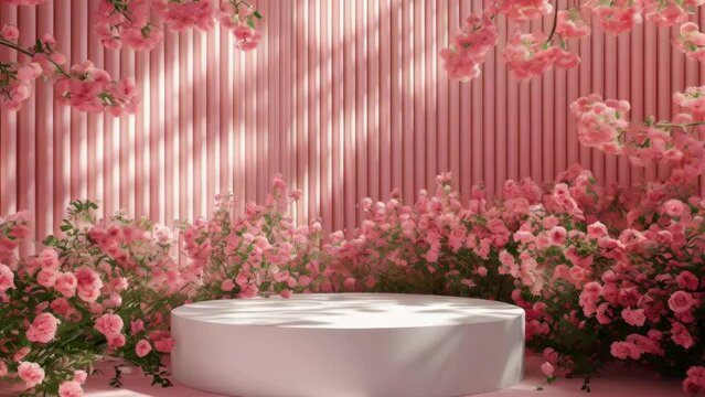 A white pedestal with pink flowers surrounding it