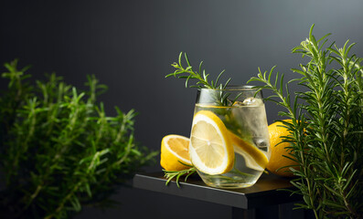 Gin-tonic cocktail with ice, lemon slices, and rosemary.
