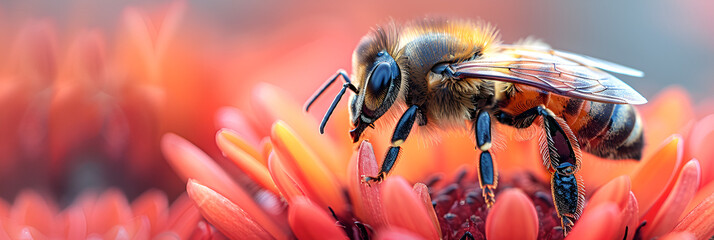 Illustration. Bee on a flower. World Bee Day,
Busy bee pollinating flower bumblebee at work 