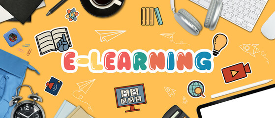 E-learning word, digital tablet, headphone and stationery on yellow background