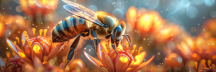Fototapeta na wymiar Illustration. Bee on a flower. World Bee Day, The honeybee close up at the beehive 