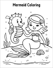 minimalist kids coloring book page illustration of a cheerful mermaid sitting on a sandy beach playing with seahorse vector EPS