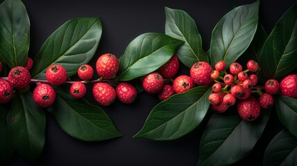 The twigs of a bright laurel and pink pepper Schinus terebinthifolius on a black background would make a fine culinary background, cover or screensaver. - obrazy, fototapety, plakaty