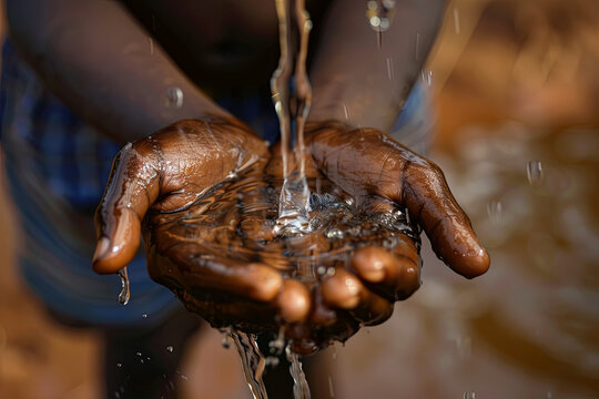 Climate Change Symbol: Handful Of Water Scarsity for Africa Symbol. Hand of an African black boy with water pouring from a tap