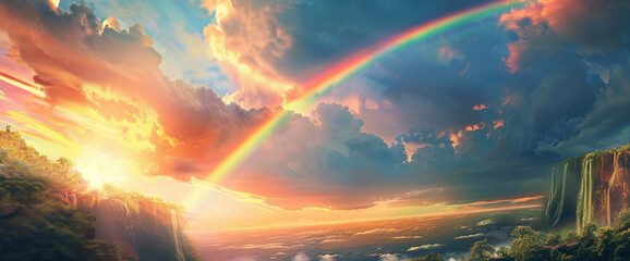 A fleeting glimpse of a rainbow's arc, a technicolor bridge between earth and sky. - obrazy, fototapety, plakaty