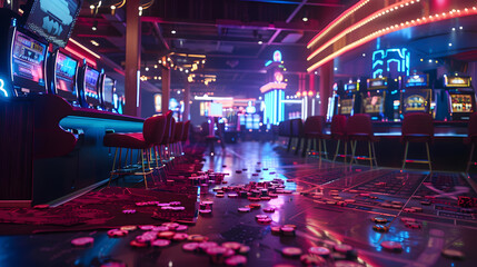 an empty casino with scattered chips on the floor 