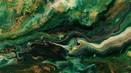 Fototapeta na wymiar Acrylic abstract painting flowing with greens and browns, evoking a rain-refreshed forest.