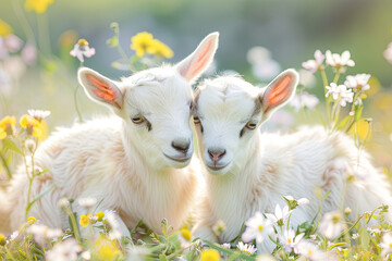 Two little funny baby goats playing in the field with flowers. Farm animals
