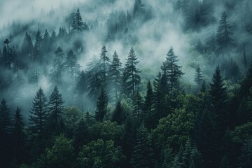 Misty evergreen forest with silhouetted trees under a grey cloudy sky