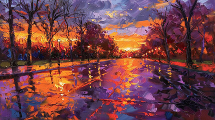 Abstract park scene in the evening with violet shadows and orange lights on asphalt.
