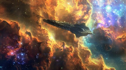 Spaceship Flying Through a Vibrant Nebula
