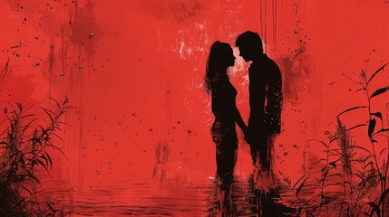 Romantic couple kissing in the water, grunge background