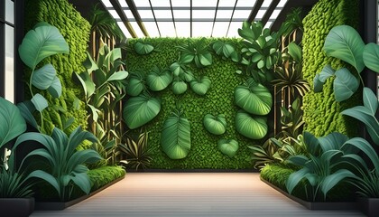 living wall tropical green plants background. Vertical garden - obrazy, fototapety, plakaty