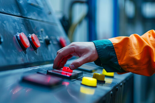Stop Button and the Hand of Worker About to Press it
