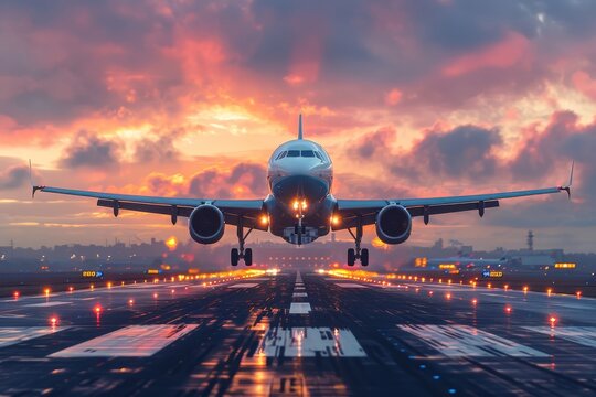 Airplane taking off from the airport. Passengers airplane landing to airport runway in beautiful sunset light, silhouette of modern city on background Airplane in the sky at sunrise or sunset