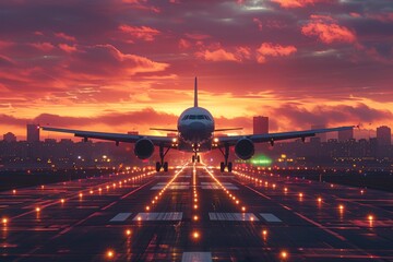 Airplane taking off from the airport. Passengers airplane landing to airport runway in beautiful sunset light, silhouette of modern city on background Airplane in the sky at sunrise or sunset - obrazy, fototapety, plakaty